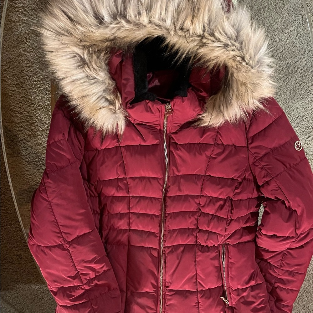 Women's Red CK Quilted Jacket with Faux Fur Hood